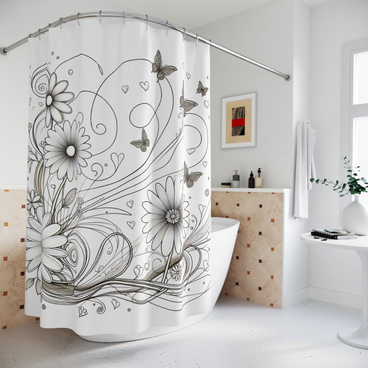 Elegant Floral Shower Curtain with Butterflies - Modern Bathroom Décor