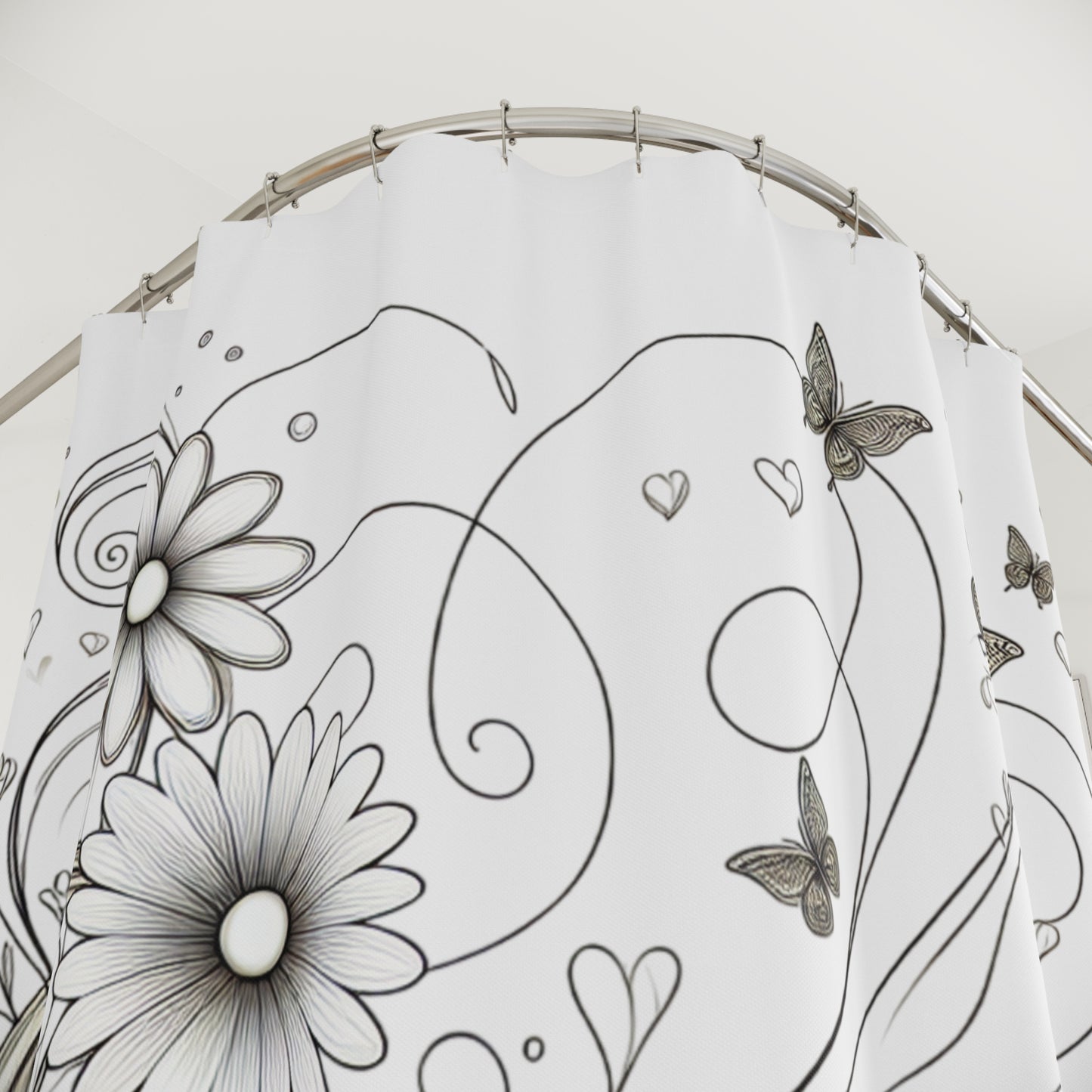 Elegant Floral Shower Curtain with Butterflies - Modern Bathroom Décor