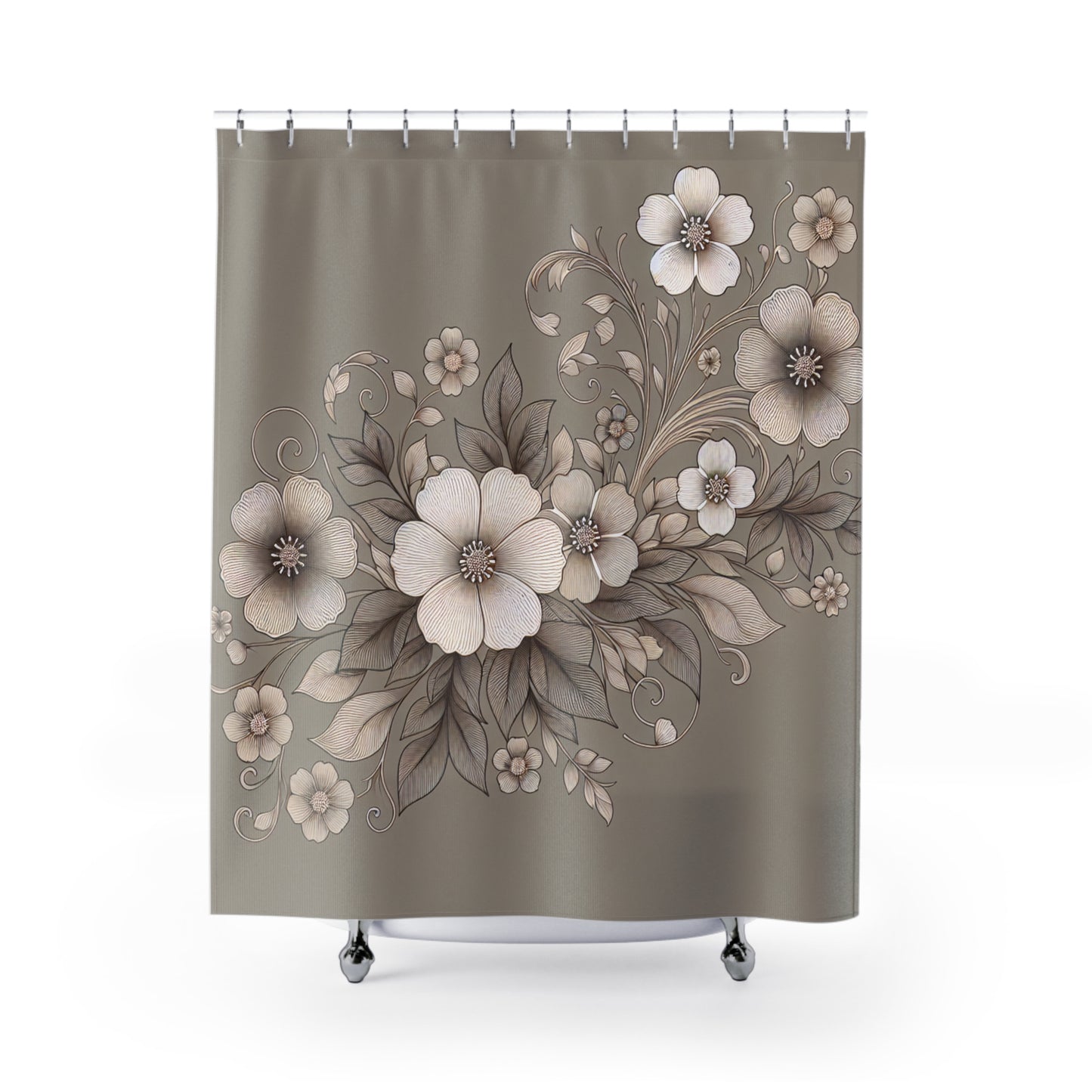 Elegant Floral Shower Curtain - Soft Neutral Tones for a Serene Bathroom Oasis