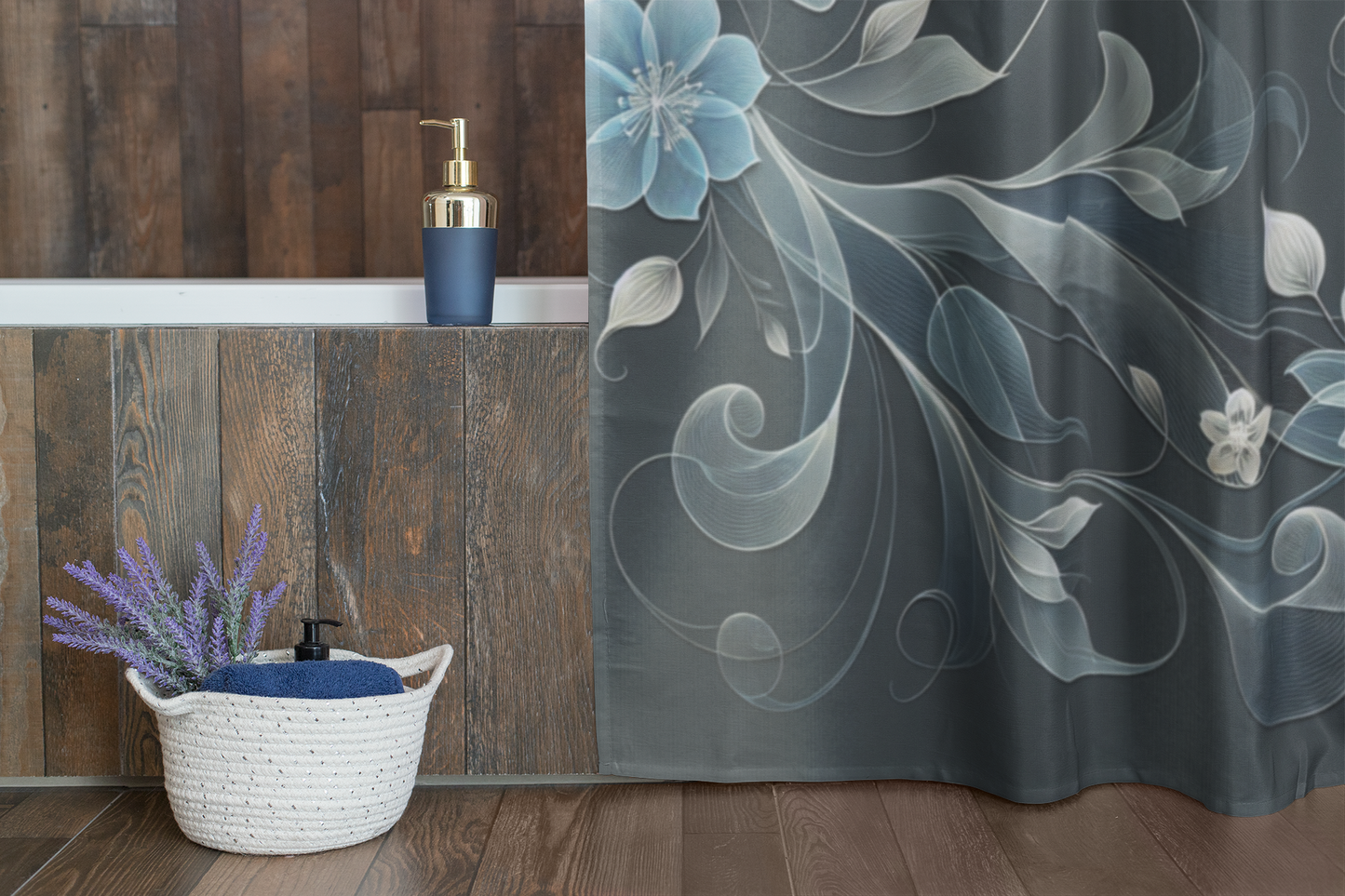 Elegant Floral Shower Curtain - Black & Gold Design