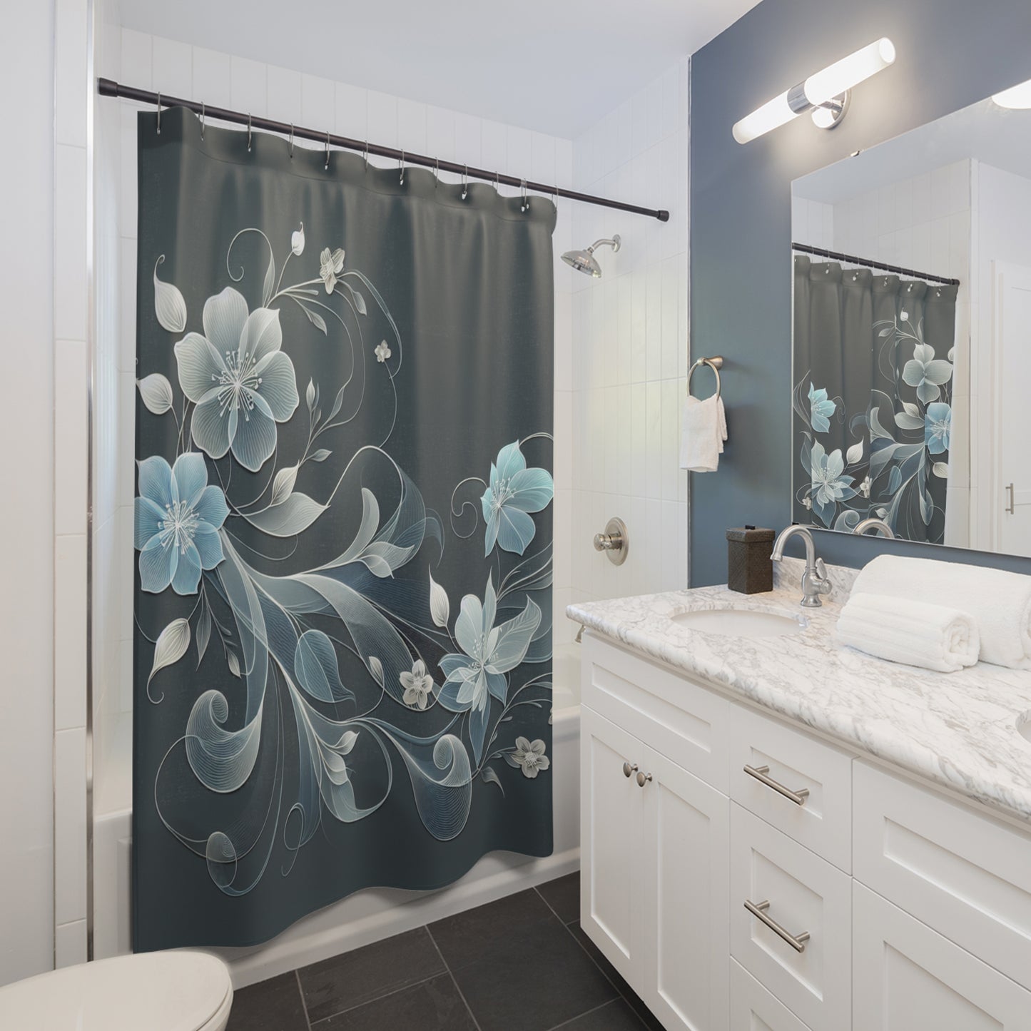 Elegant Floral Shower Curtain - Black & Gold Design