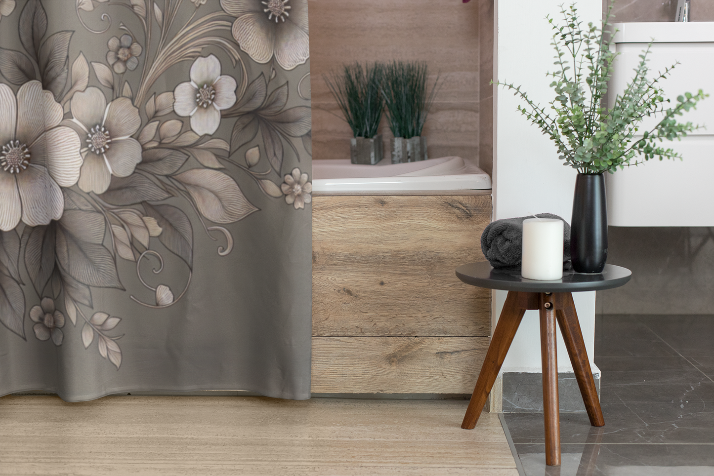 Elegant Floral Shower Curtain - Soft Neutral Tones for a Serene Bathroom Oasis