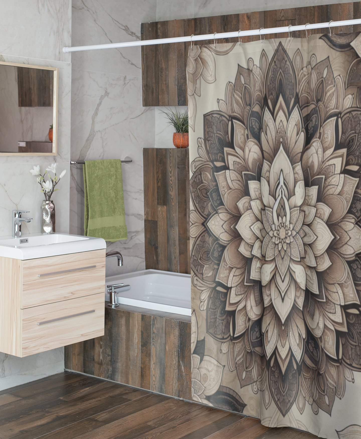 Bohemian Floral Shower Curtain - Elegant Mandala Design for Spa-like Bathroom Decor
