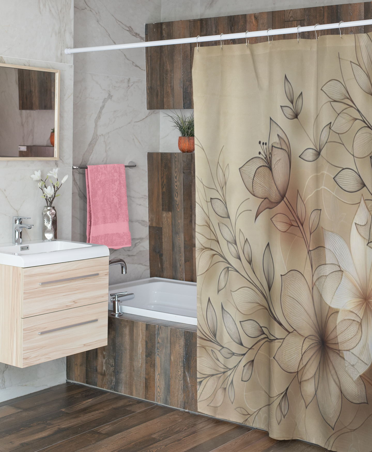 Elegant Floral Shower Curtain - Serene Bathroom Decor