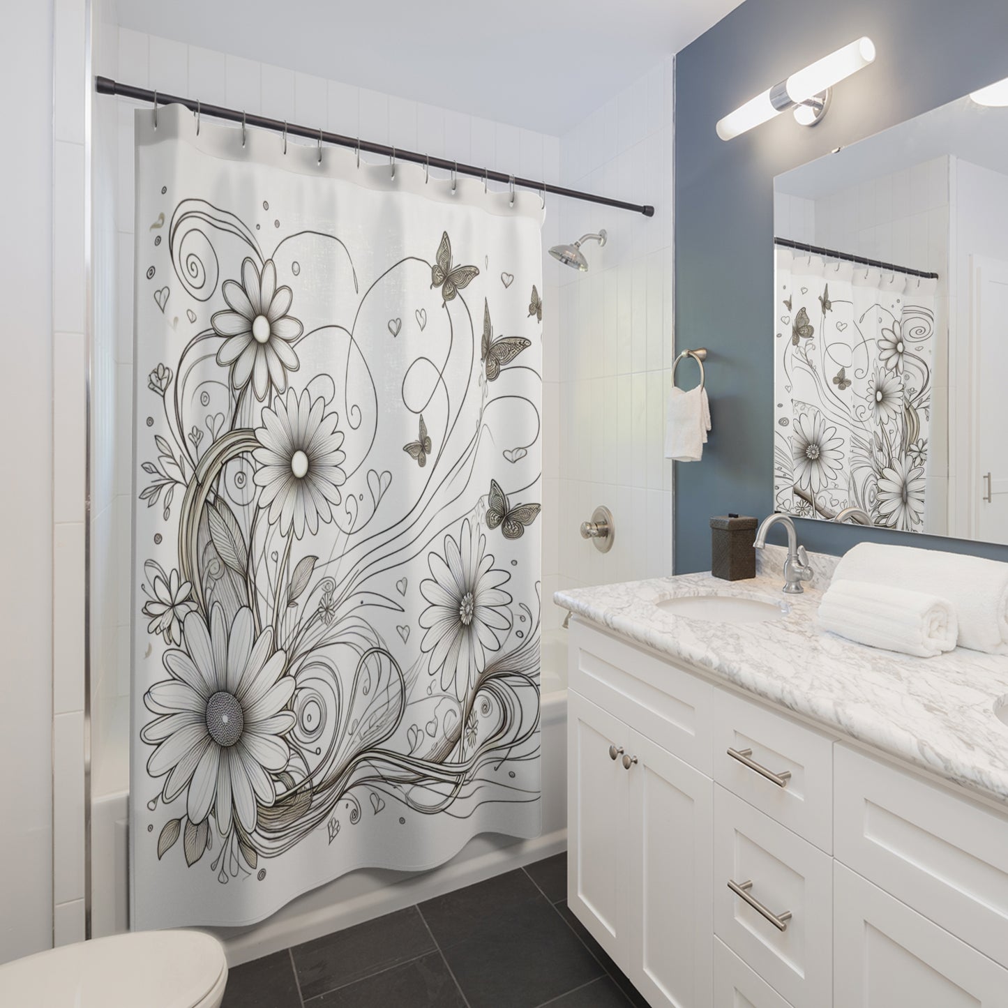 Elegant Floral Shower Curtain with Butterflies - Modern Bathroom Décor