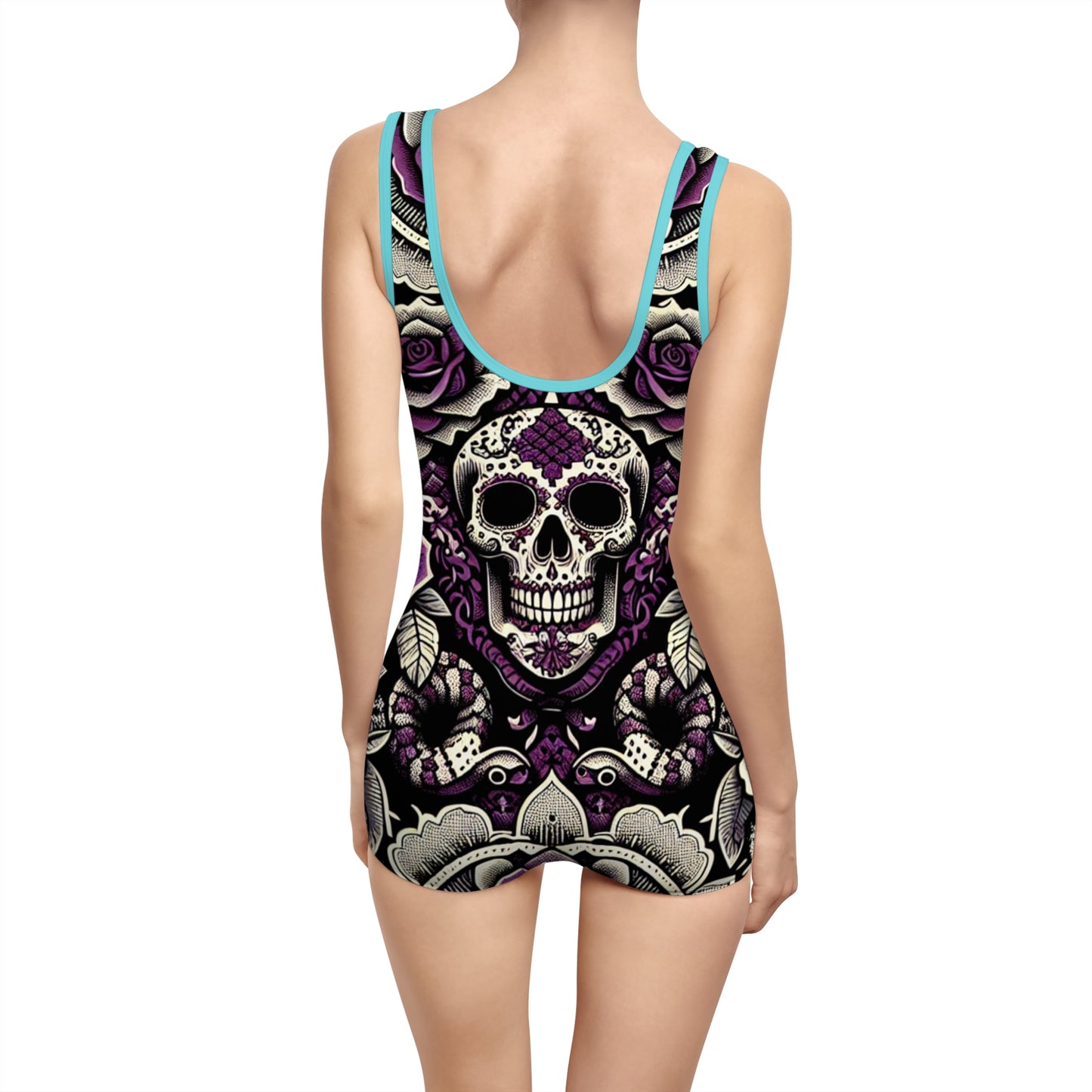 Women's Vintage Skull Swimsuit - Retro Floral Design for Beach and Pool