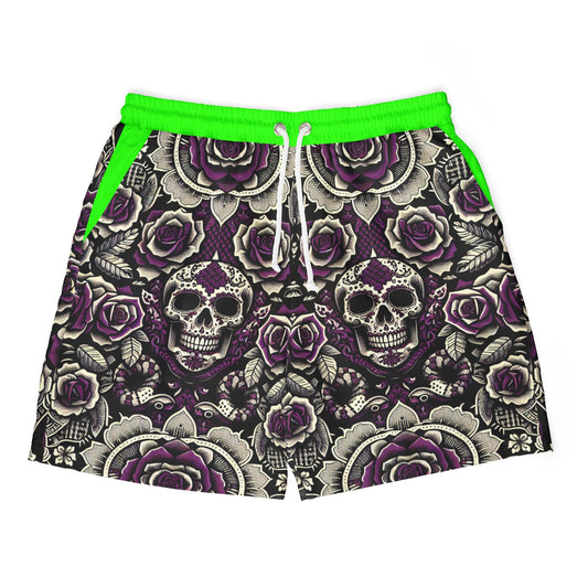 Bold Skull & Rose Unisex Swim Shorts - Edgy Beachwear for Summer Fun