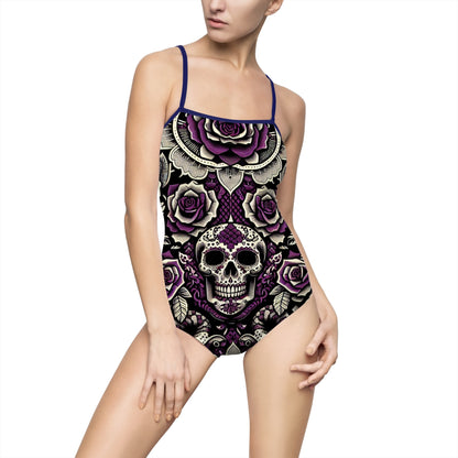 Gothic Floral One-Piece Swimsuit with Skull Design