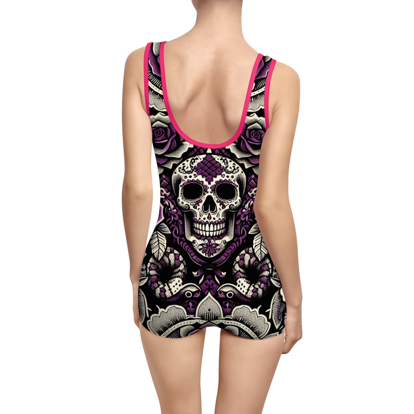 Women's Vintage Skull Swimsuit - Retro Floral Design for Beach and Pool