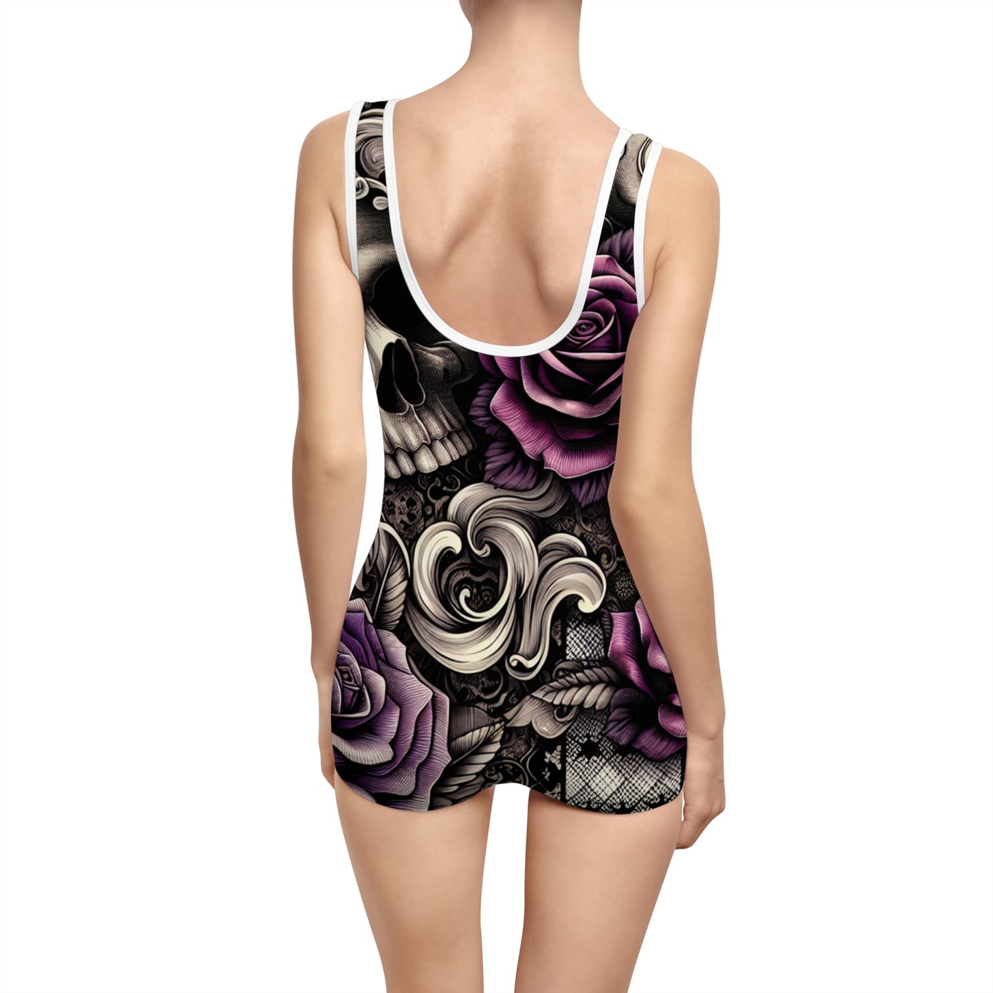 Gothic Floral Women's Vintage Swimsuit - Skull & Rose Design