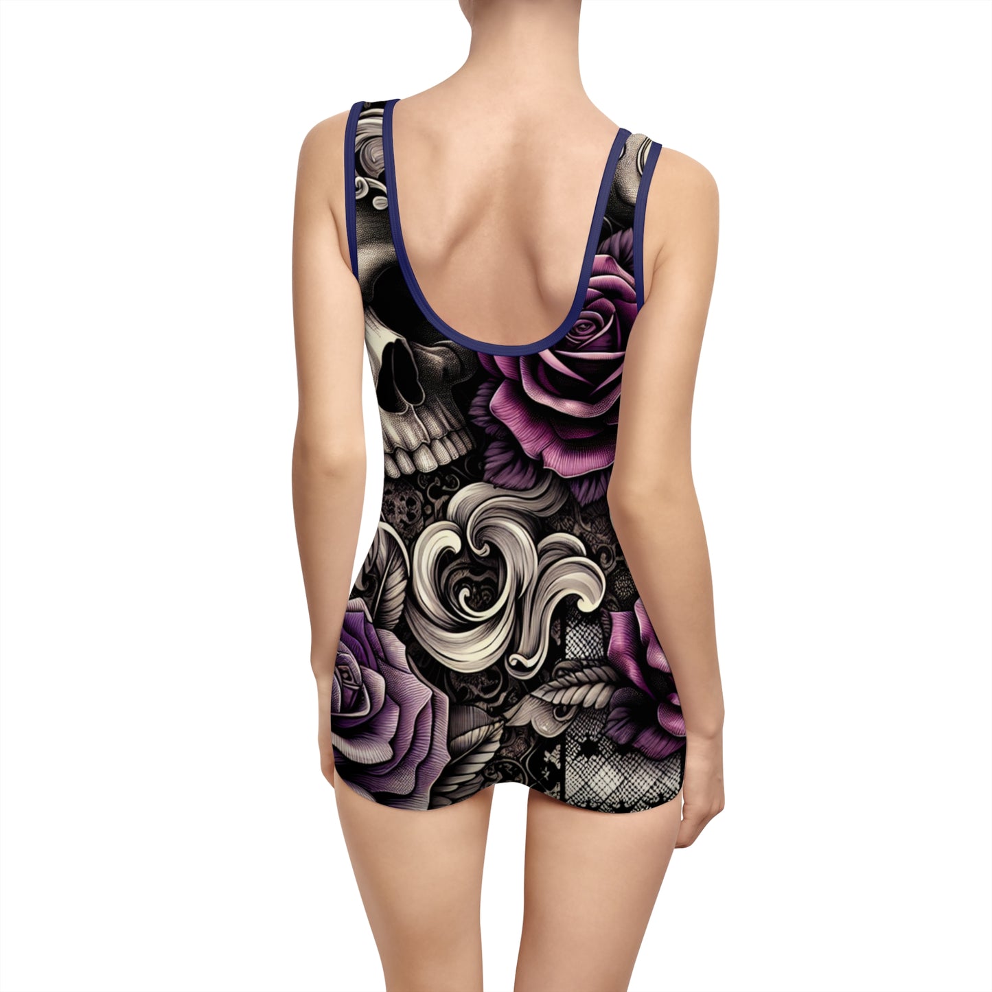 Gothic Floral Women's Vintage Swimsuit - Skull & Rose Design