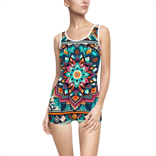 Colorful Bohemian Women's Vintage Swimsuit - Floral Mandala Design