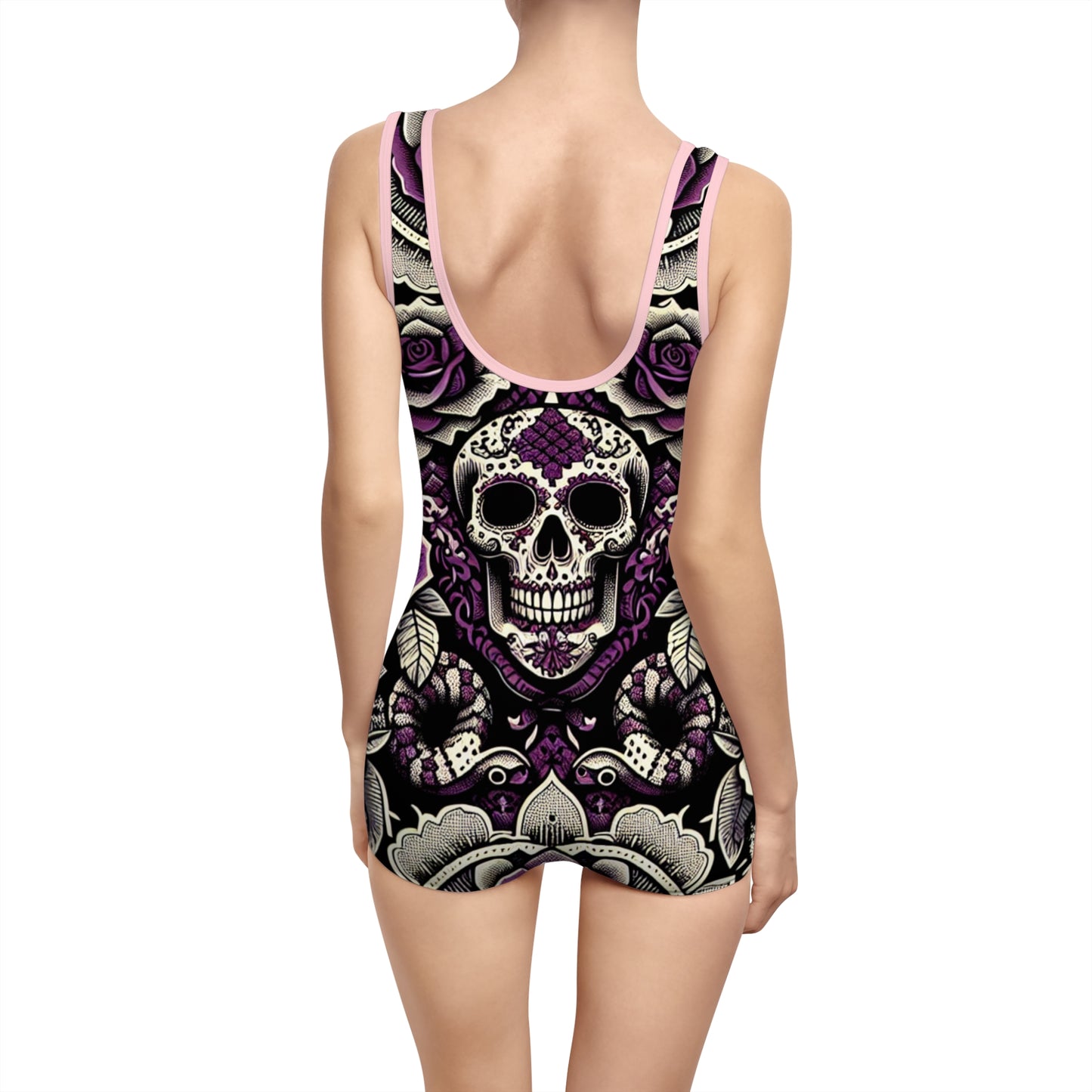 Women's Vintage Skull Swimsuit - Retro Floral Design for Beach and Pool