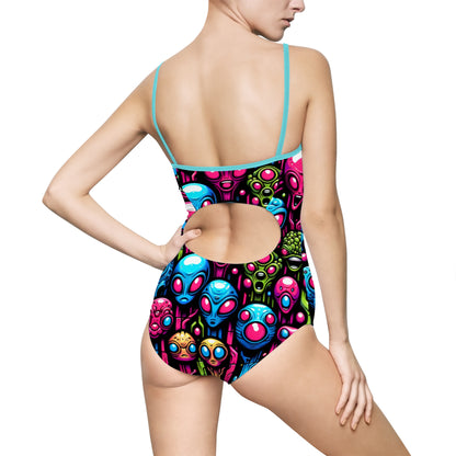 Colorful Alien Print Women's One-Piece Swimsuit - Perfect for Beach Days & Pool Parties