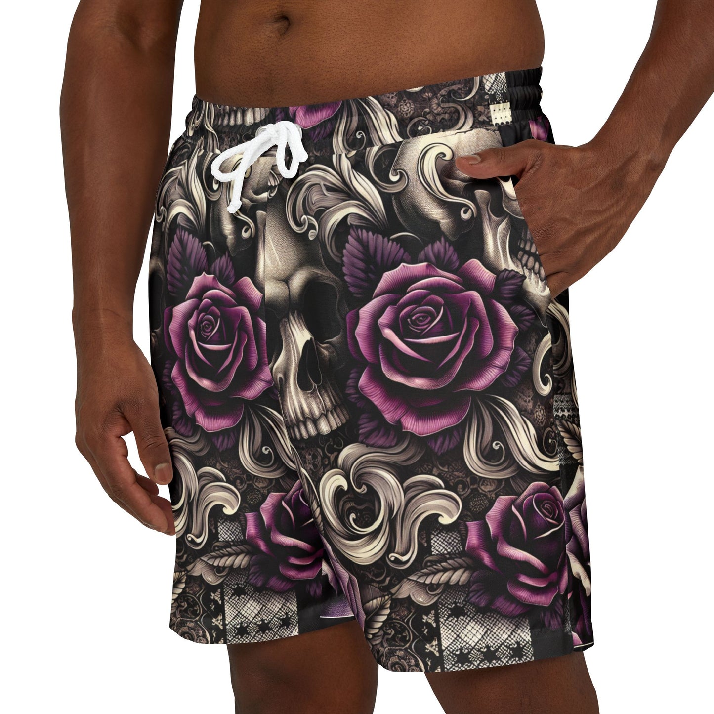 Stylish Unisex Swim Shorts with Skull and Rose Design