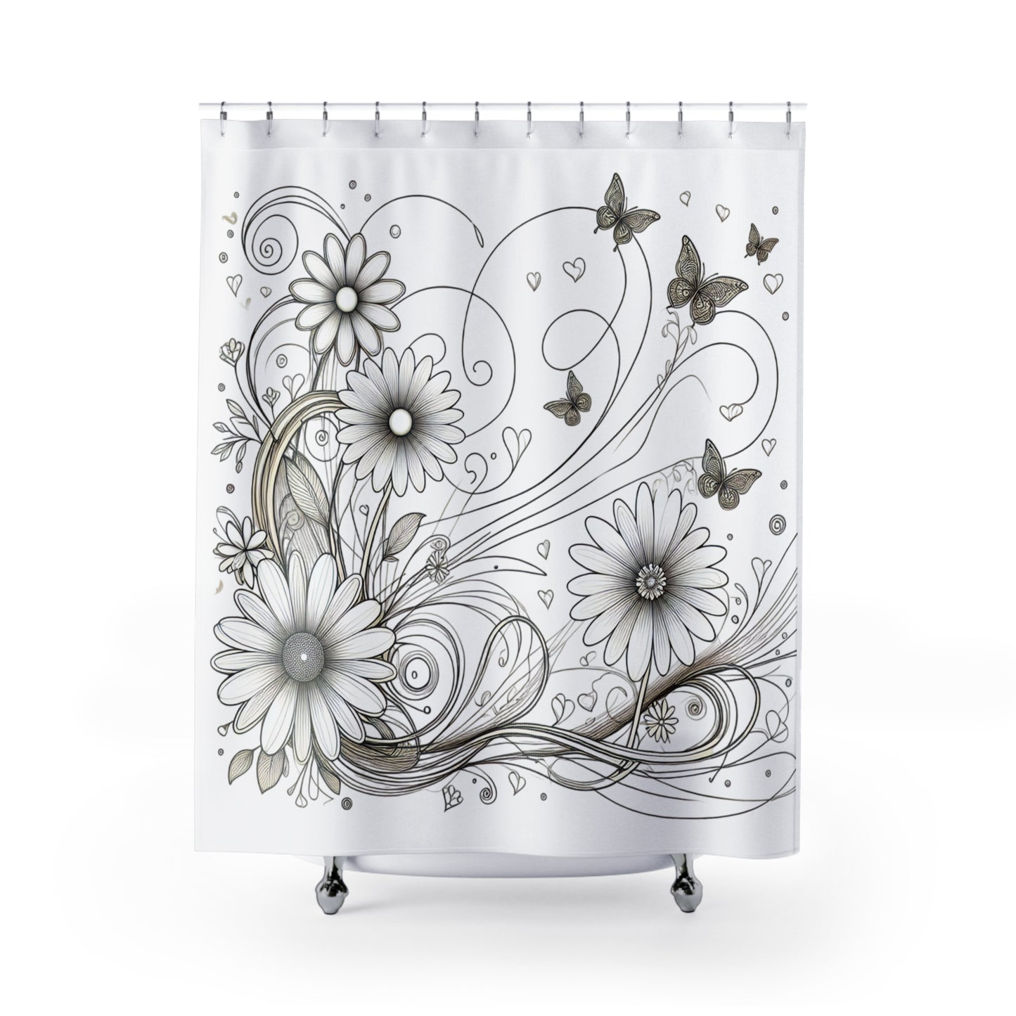 Elegant Floral Shower Curtain with Butterflies - Modern Bathroom Décor