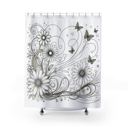 Elegant Floral Shower Curtain with Butterflies - Modern Bathroom Décor