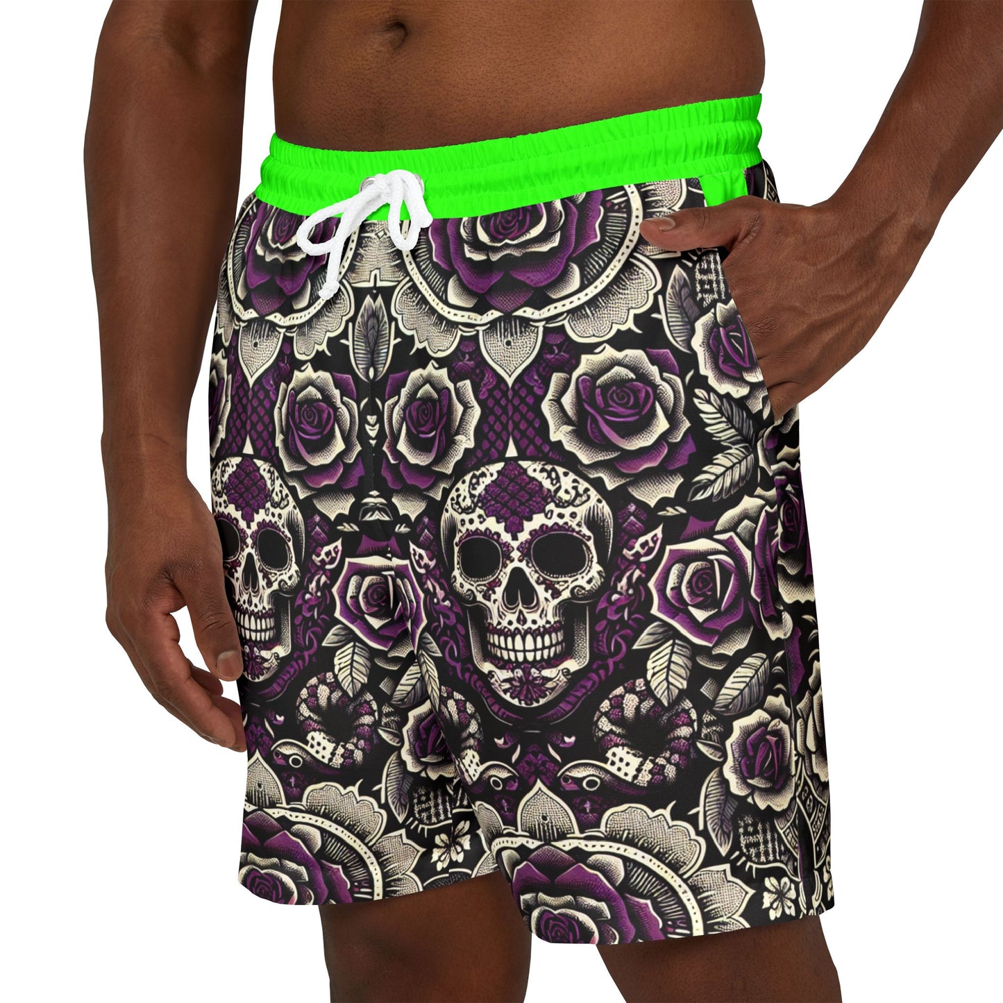 Bold Skull & Rose Unisex Swim Shorts - Edgy Beachwear for Summer Fun