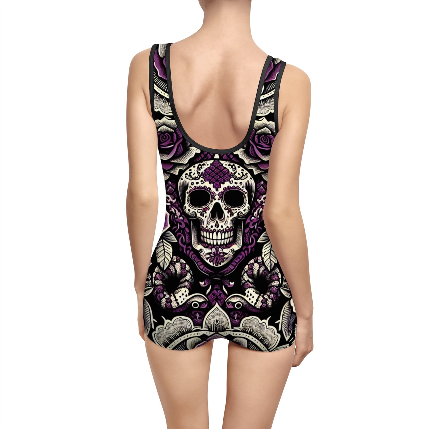 Women's Vintage Skull Swimsuit - Retro Floral Design for Beach and Pool