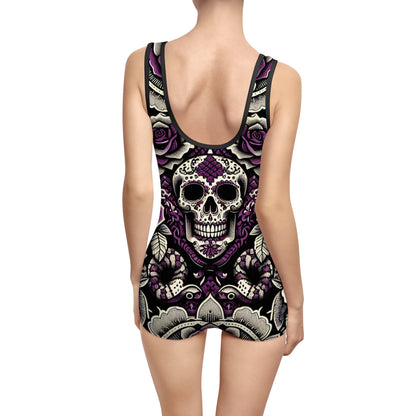 Women's Vintage Skull Swimsuit - Retro Floral Design for Beach and Pool
