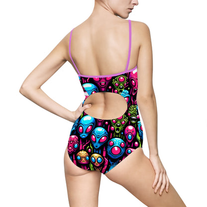 Colorful Alien Print Women's One-Piece Swimsuit - Perfect for Beach Days & Pool Parties