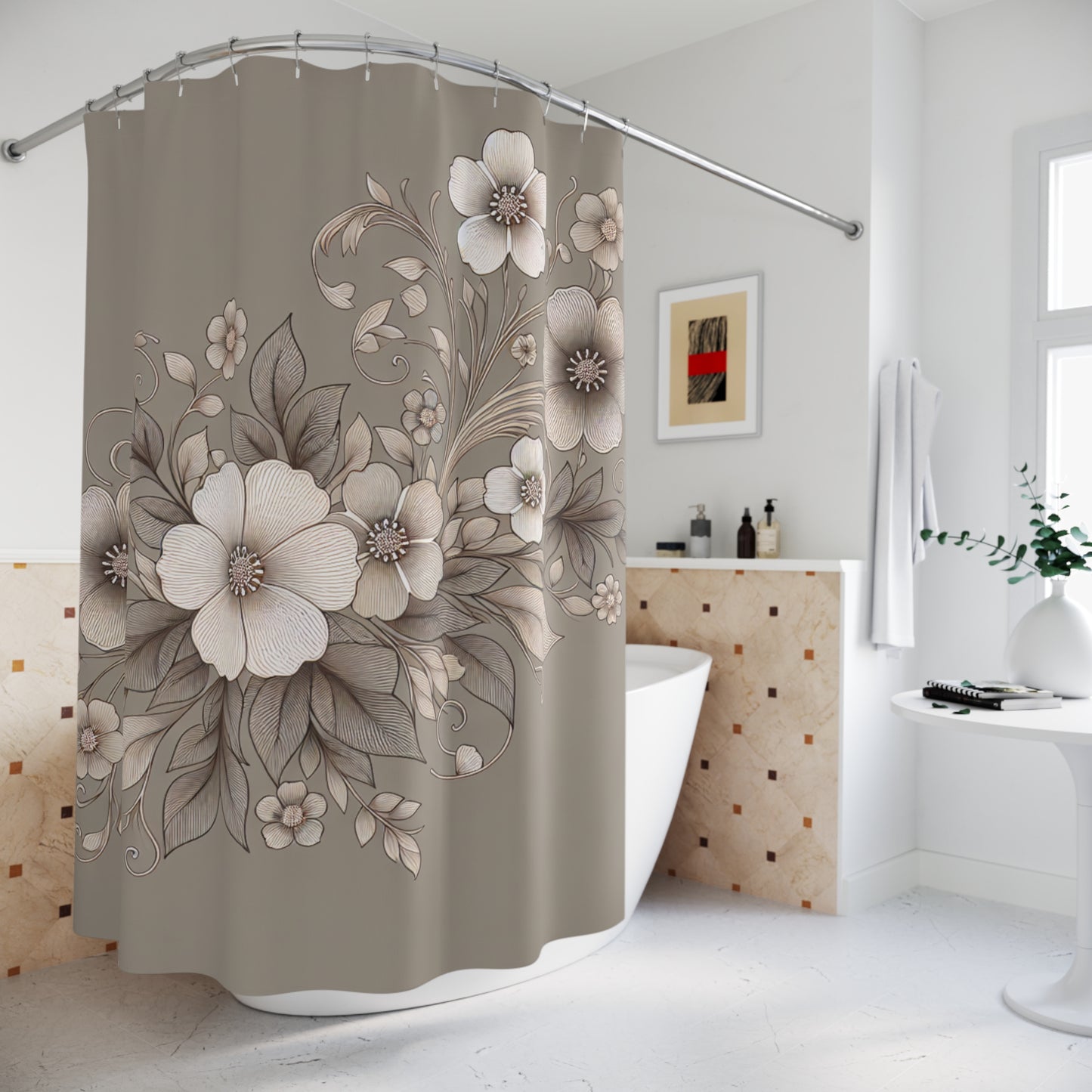 Elegant Floral Shower Curtain - Soft Neutral Tones for a Serene Bathroom Oasis