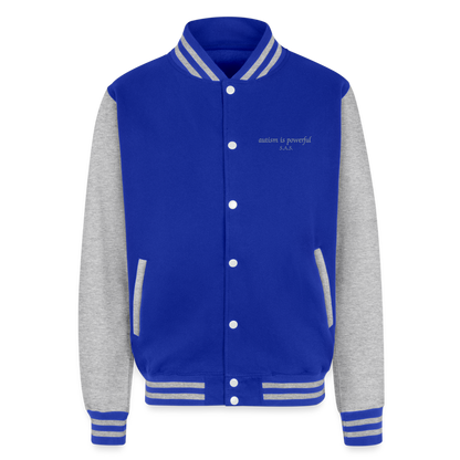Autism is powerful Just Hoods Heavyweight Letterman Jacket - royal/heather grey
