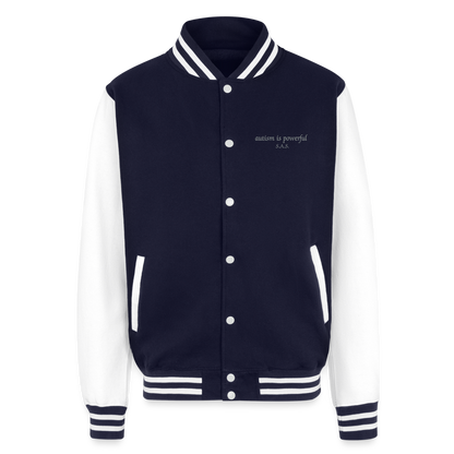 Autism is powerful Just Hoods Heavyweight Letterman Jacket - navy/white