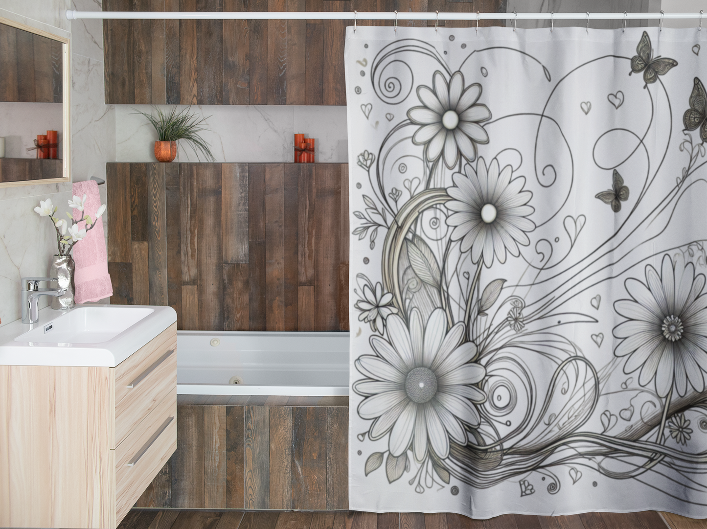 Elegant Floral Shower Curtain with Butterflies - Modern Bathroom Décor