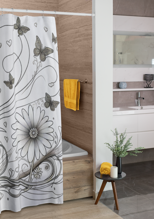 Elegant Floral Shower Curtain with Butterflies - Modern Bathroom Décor
