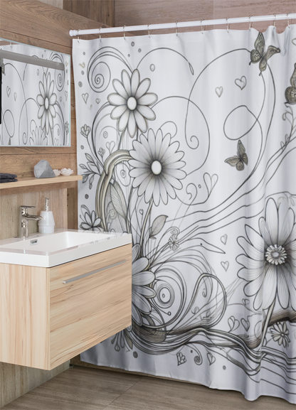 Elegant Floral Shower Curtain with Butterflies - Modern Bathroom Décor