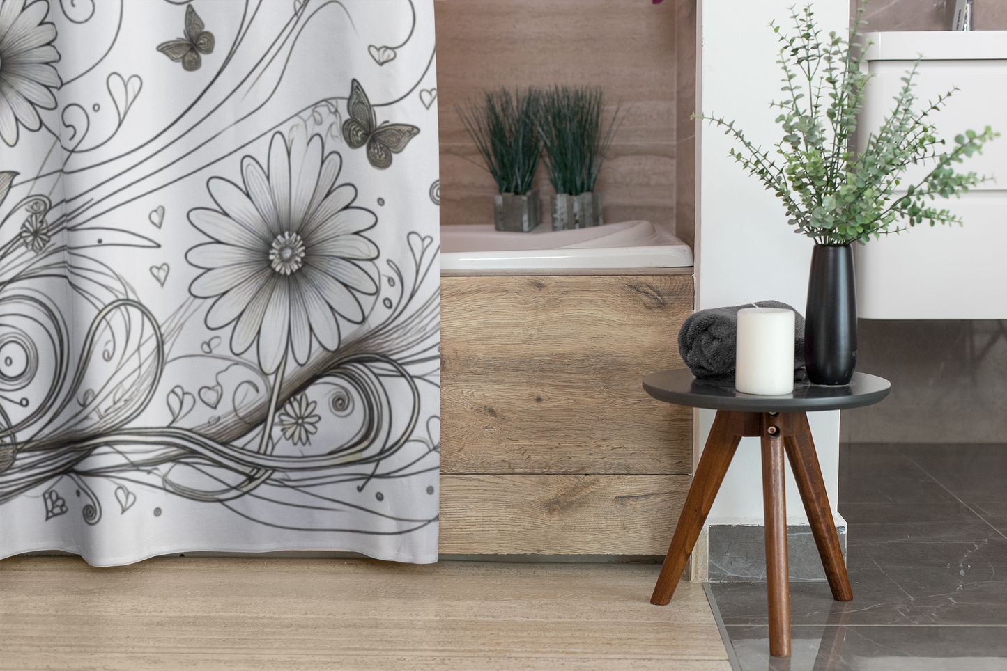 Elegant Floral Shower Curtain with Butterflies - Modern Bathroom Décor