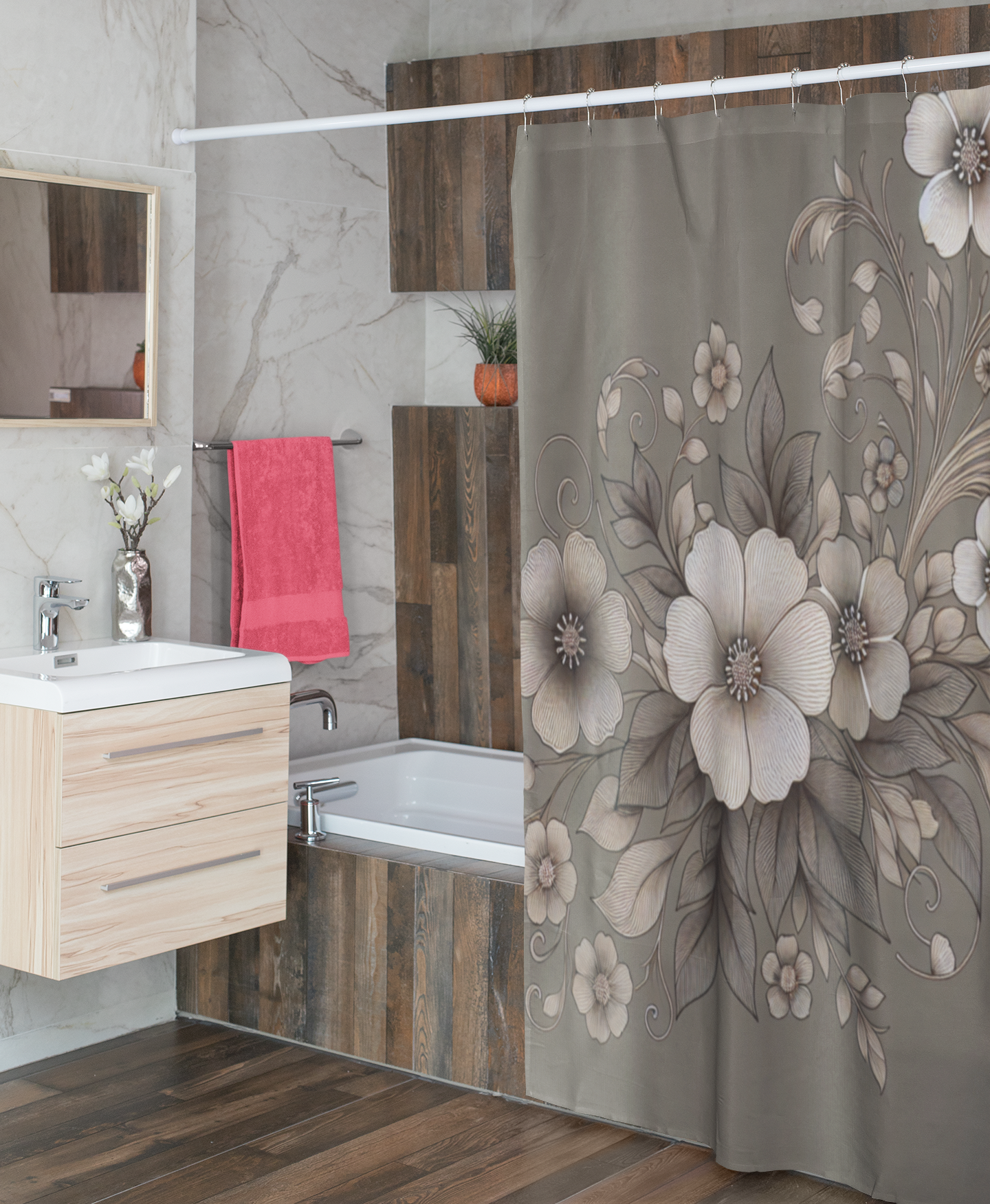 Elegant Floral Shower Curtain - Soft Neutral Tones for a Serene Bathroom Oasis
