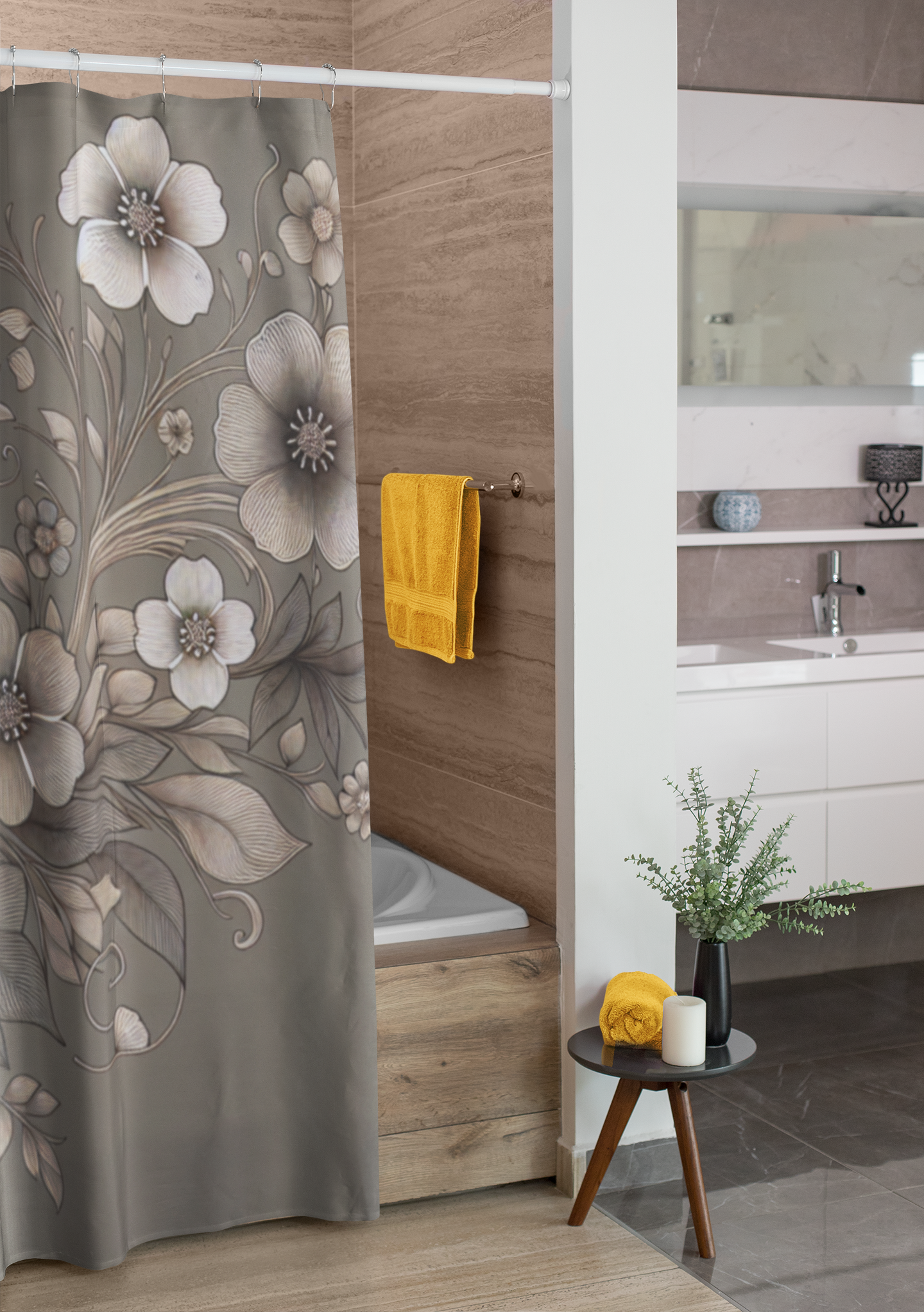 Elegant Floral Shower Curtain - Soft Neutral Tones for a Serene Bathroom Oasis