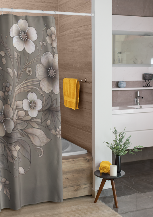 Elegant Floral Shower Curtain - Soft Neutral Tones for a Serene Bathroom Oasis