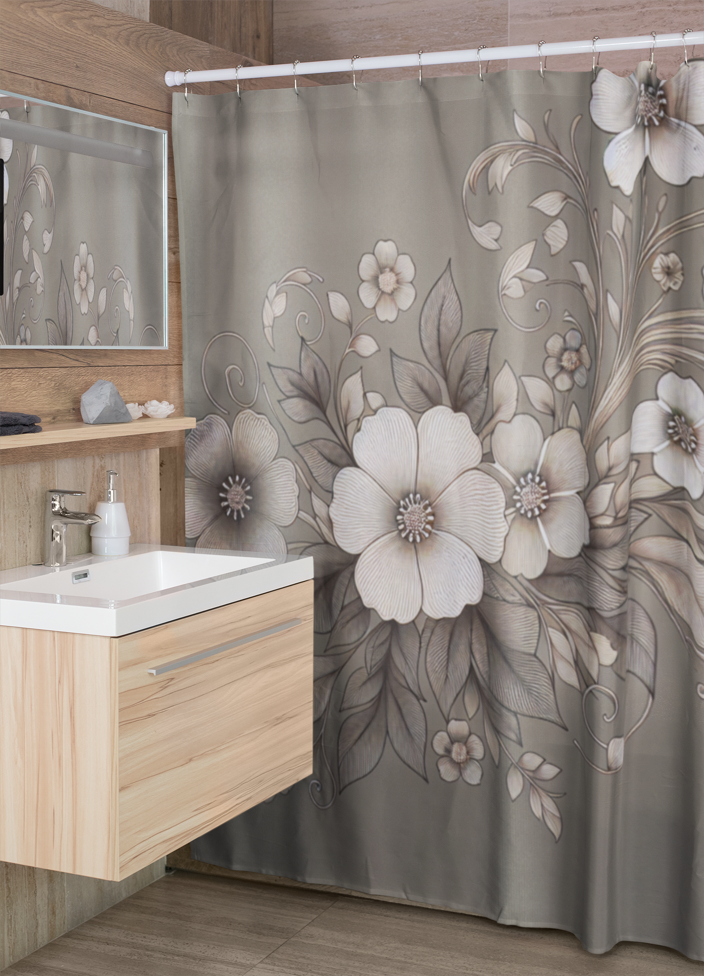 Elegant Floral Shower Curtain - Soft Neutral Tones for a Serene Bathroom Oasis
