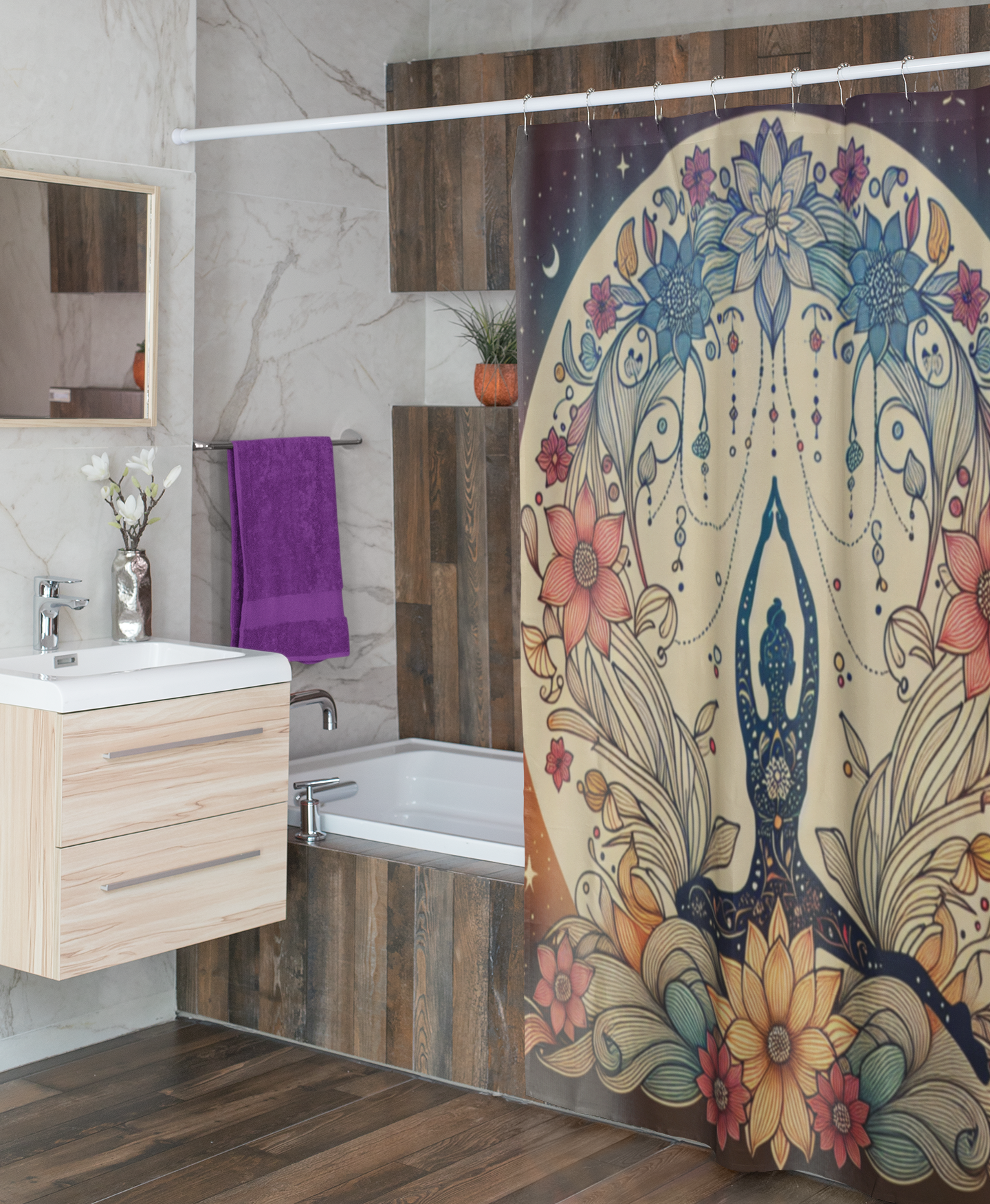 Bohemian Floral Yoga Shower Curtain - Zen Home Decor