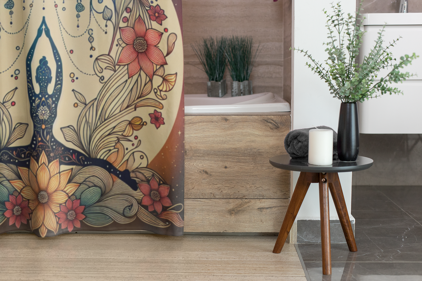 Bohemian Floral Yoga Shower Curtain - Zen Home Decor