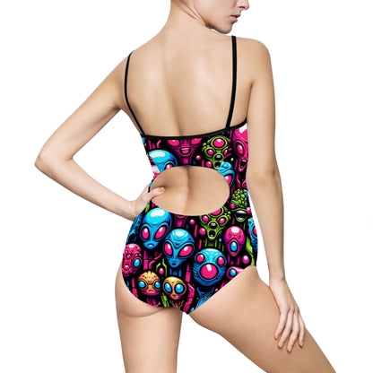 Colorful Alien Print Women's One-Piece Swimsuit - Perfect for Beach Days & Pool Parties