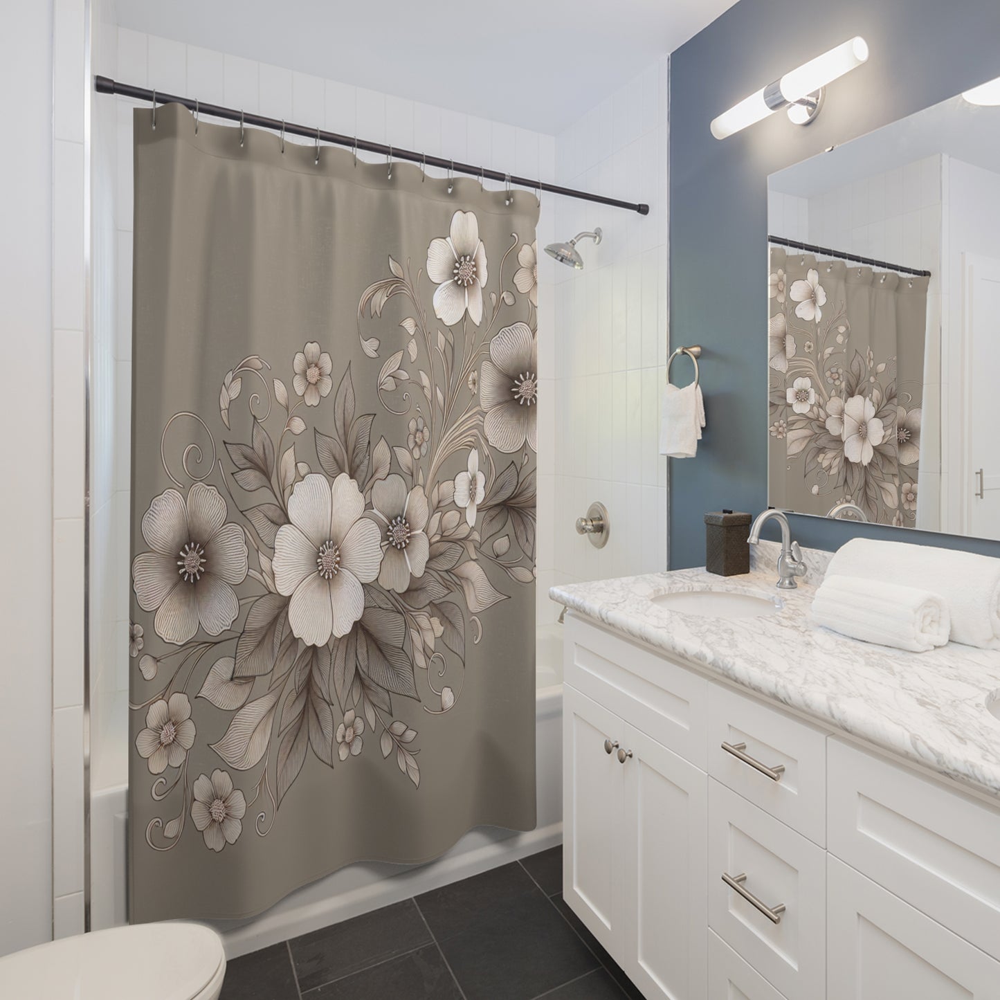 Elegant Floral Shower Curtain - Soft Neutral Tones for a Serene Bathroom Oasis