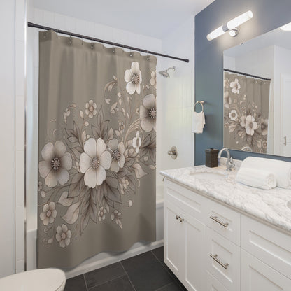 Elegant Floral Shower Curtain - Soft Neutral Tones for a Serene Bathroom Oasis