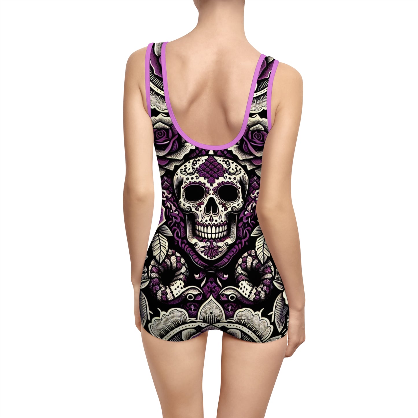 Women's Vintage Skull Swimsuit - Retro Floral Design for Beach and Pool