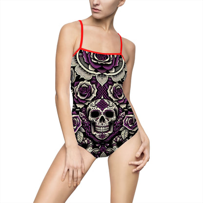 Gothic Floral One-Piece Swimsuit with Skull Design