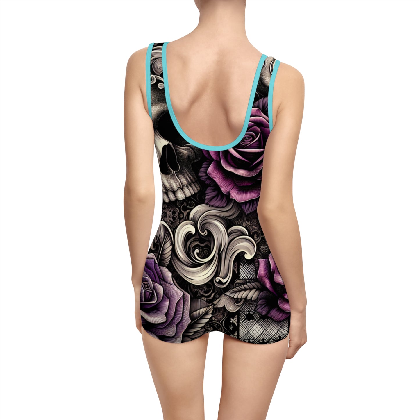 Gothic Floral Women's Vintage Swimsuit - Skull & Rose Design