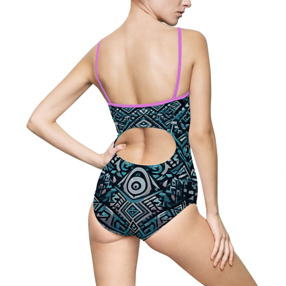 Elegant Blue Tribal Women's One-Piece Swimsuit for Beach Days