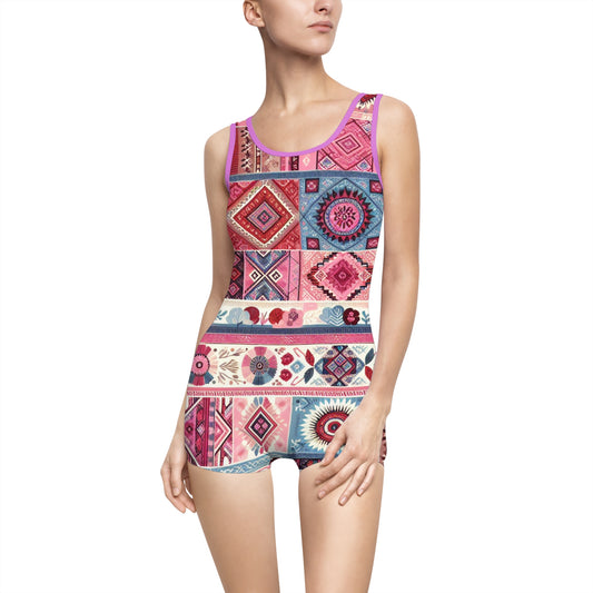 Boho Chic Women's Vintage Swimsuit - Colorful Floral Print for Beach & Pool
