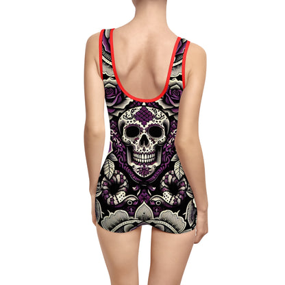 Women's Vintage Skull Swimsuit - Retro Floral Design for Beach and Pool