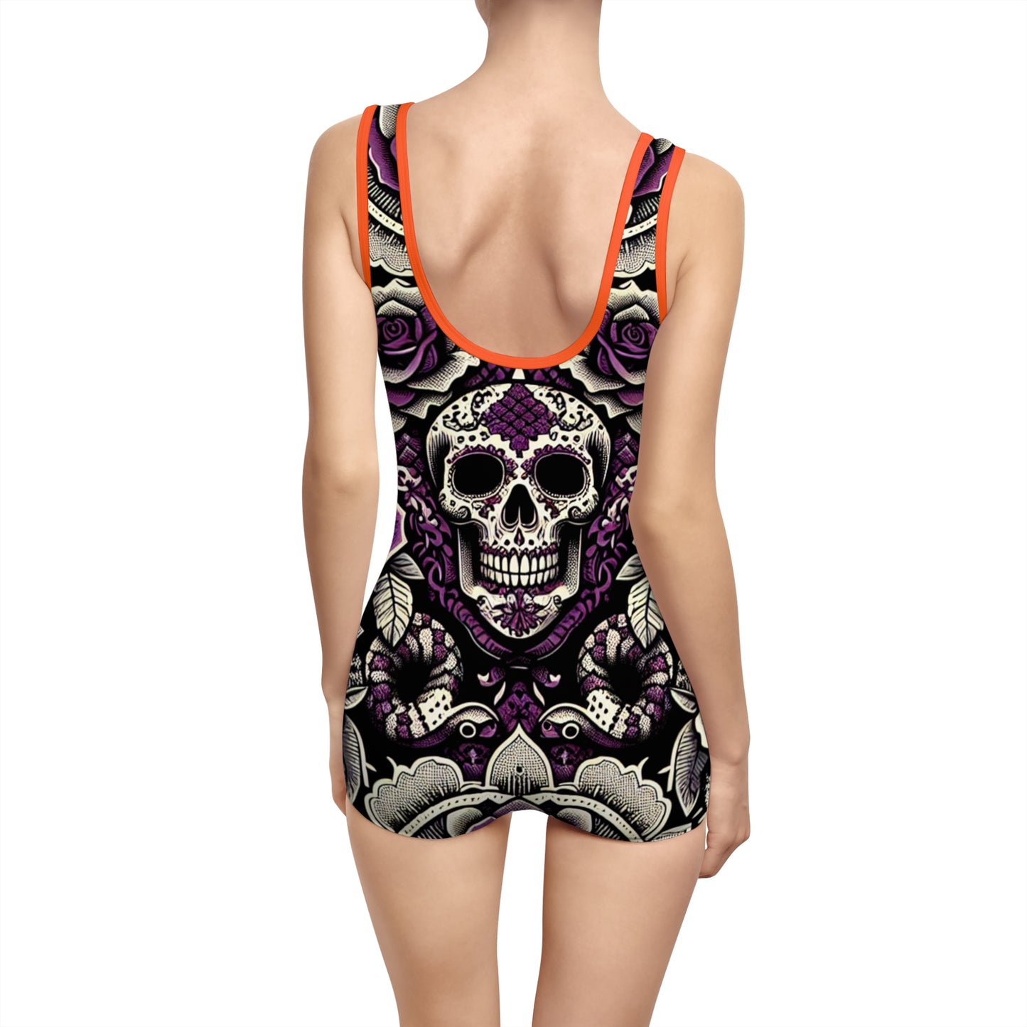 Women's Vintage Skull Swimsuit - Retro Floral Design for Beach and Pool