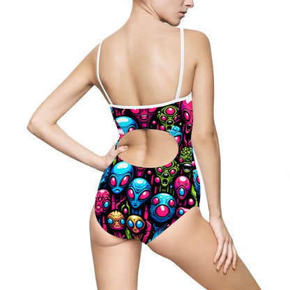 Colorful Alien Print Women's One-Piece Swimsuit - Perfect for Beach Days & Pool Parties