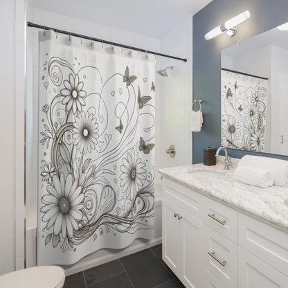 Elegant Floral Shower Curtain with Butterflies - Modern Bathroom Décor